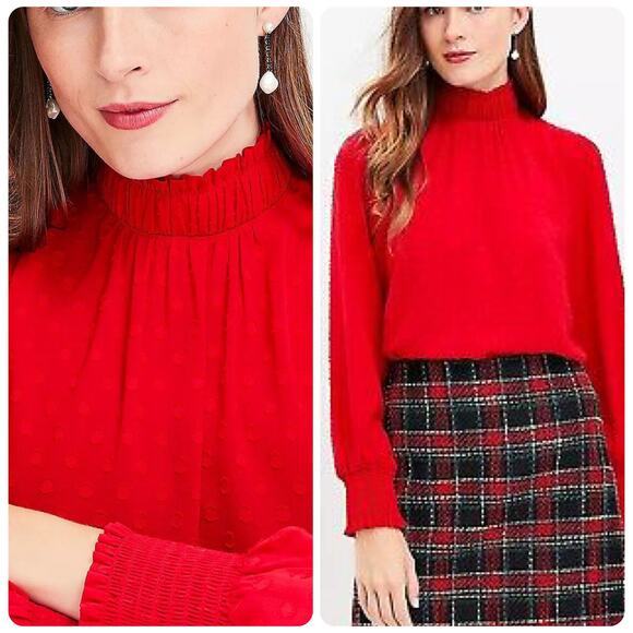 LOFT Red Mock Neck Tie Back Long Sleeve Circle Jacquard Blouse women's size XL - Picture 1 of 10